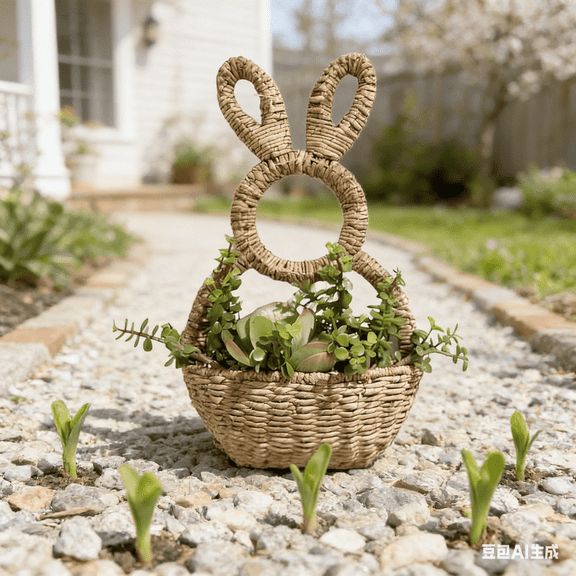 JHdrYfe Hand Woven Easter Bunny Basket - Large Wicker Rabbit Statue Basket for Front Door, Spring Wall Decor with Tulips and Eggs