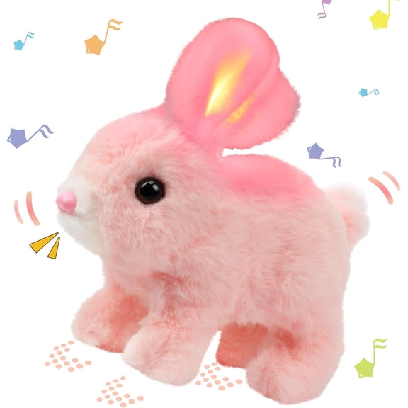 JHdrYfe Hopping Rabbit with LED Ears Interactive Electronic Pet Plush Bunny Toy with Sounds and Movements Animated Walking Wiggle Light up Ears Twitch Nose Gifts for Toddlers Birthday, Pink, 7''