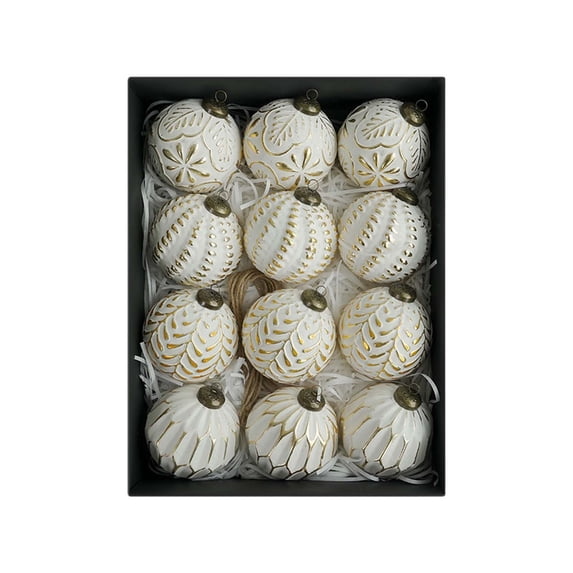 JHyouerji 12Pcs Vintage Christmas Ball Ornament 3in Box Set Gold Antique Hanging Balls for Christmas Tree Home Holiday Party Decor