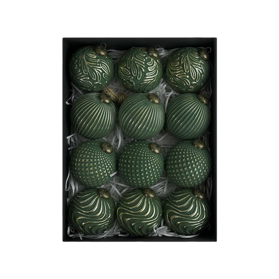 JHyouerji 12Pcs Vintage Christmas Ball Ornament 3in Box Set Green Antique Hanging Balls for Christmas Tree Home Holiday Party Decor