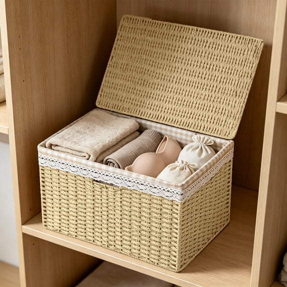 JHyouerji 12x8x6 Inch Stackable Woven Rattan Storage Box with Lid Removable Fabric Liner Beige Plastic Organizer Bin for Closet Bathroom Shelf Home