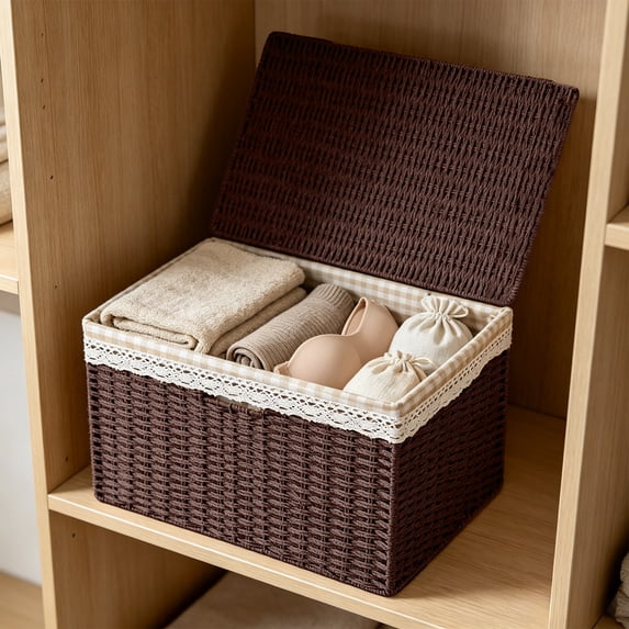 JHyouerji 12x8x6 Inch Stackable Woven Rattan Storage Box with Lid Removable Fabric Liner Coffee Plastic Organizer Bin for Closet Bathroom Shelf Home