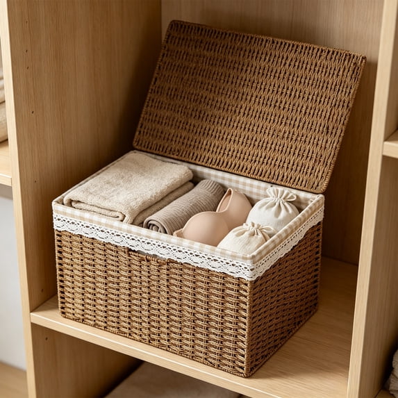 JHyouerji 12x8x6 Inch Stackable Woven Rattan Storage Box with Lid Removable Fabric Liner Khaki Plastic Organizer Bin for Closet Bathroom Shelf Home