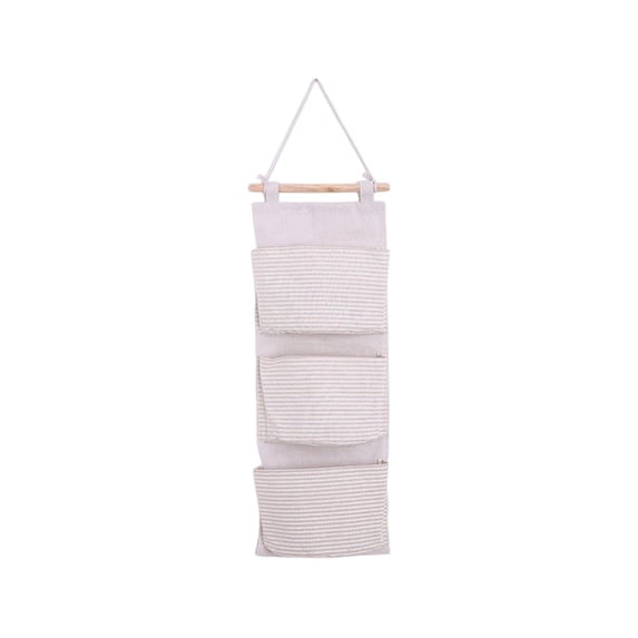 JHyouerji 3 Pocket Cotton Linen Wall Mount Storage Bag 8x22 Inch,White Hanging Organizer with Hanging Rod for Bedroom Bathroom Dorm Office Small Item Storage