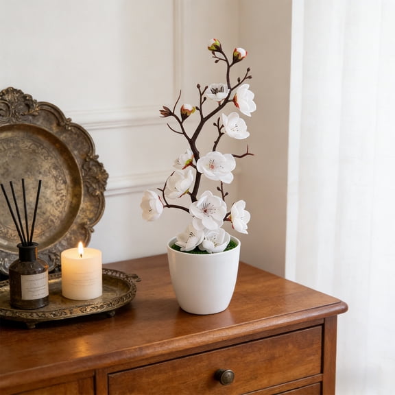 JHyouerji Artificial Flower with Weighted Base Pot White 11×3×3 Inch Fake Potted Floral for Desk Shelf Table Centerpiece Indoor Home Office Decor