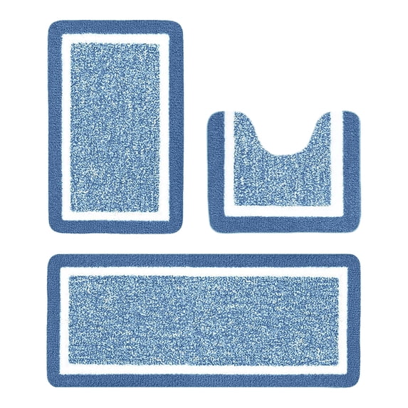 JHyouerji Bathroom Rugs Set 3 Piece Blue Non Slip Washable Plush Absorbent Bath Mat Shower Rug Runner Quick Dry,Super Soft U Shaped Toilet Mats Floor Carpet