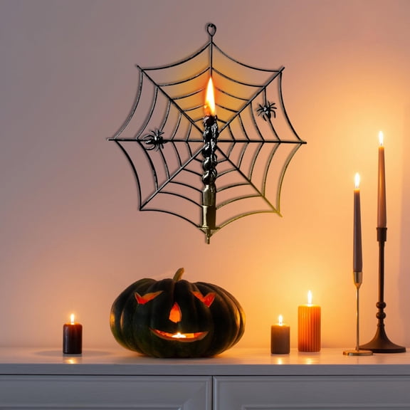 JHyouerji Candle Holder Ornament,Metal Spider Web Candle Holder Ornament,Black Small Tea Light Stand for Wall Door Tree Halloween Scene Layout