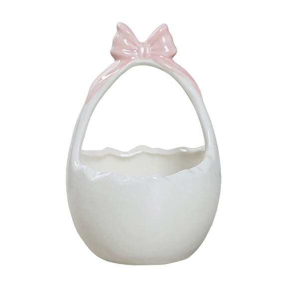 JHyouerji Ceramic Easter Basket with Bow Ornament for Spring Garden Home Easter Room Decoration