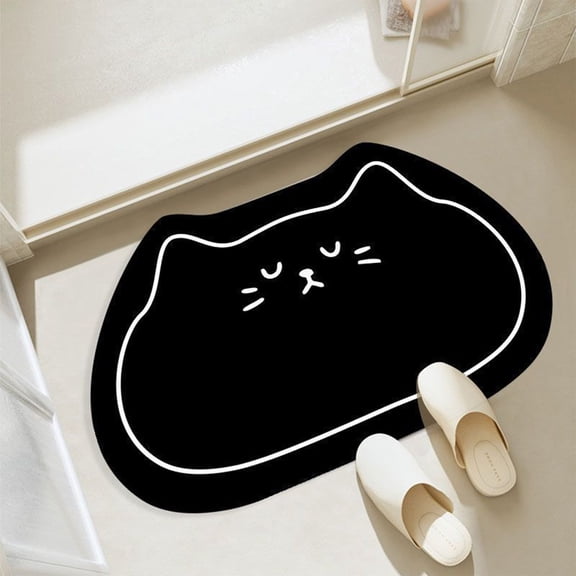 JHyouerji Cute Kitten Pattern Diatomite Mat Non Slip Fast Drying Easy Clean Polyester Floor Mat 16x24 Inch Black for Bathroom Kitchen Home Decor