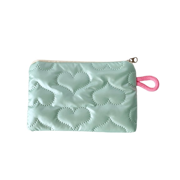 JHyouerji Cute Quilted Heart Polyester Makeup Pouch 6x4 Inch,Green Portable Lightweight Cosmetic Coin Earphone Organizer Zipper Small Storage Bag for Daily Travel Outing