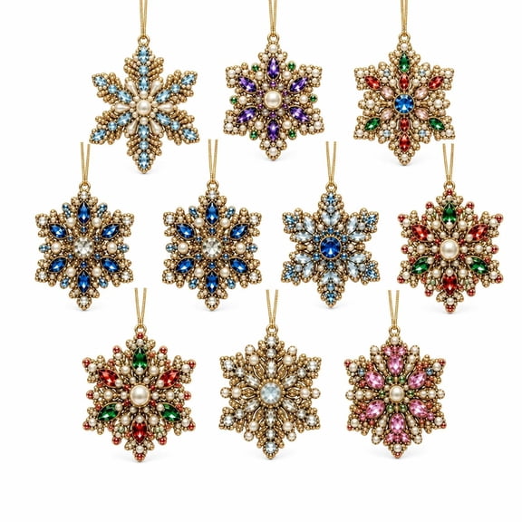 JHyouerji DIY Christmas Ornaments 10 Pcs,Snowflake Shape PearlArt Craft Kit with Acrylic Base and Rope for Xmas Tree Holiday Home Decor
