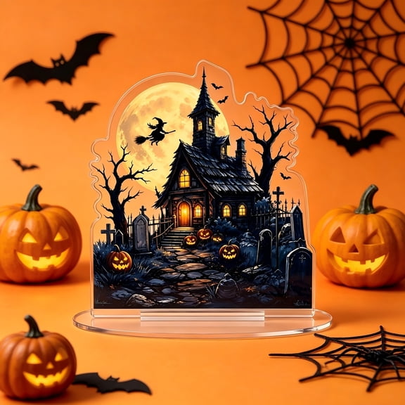 JHyouerji Double Sided Acrylic Witch Mansion Figurine with Base,6 Inch Village Table Centerpiece Desk Display