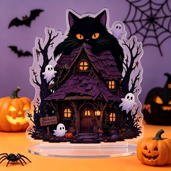 JHyouerji Double Sided Acrylic Witch Mansion Figurine with Base,6 Inch Village Table Centerpiece Desk Display