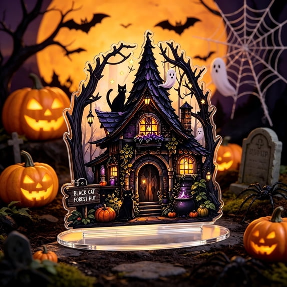 JHyouerji Double Sided Acrylic Witch Mansion Figurine with Base,6 Inch Village Table Centerpiece Desk Display