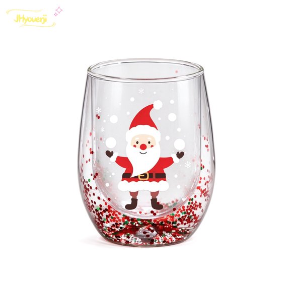 JHyouerji Double Wall Glass Tumbler Christmas Egg Shape Sealed Sequins Festive Print Cup for Holiday Party Kitchen Drinkware Home Decor Gift