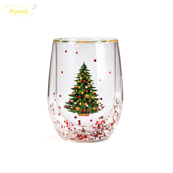 JHyouerji Egg Shape Double Wall Glass Tumbler Christmas Sealed Sequins Festive Print Cup for Coffee Tea Juice Holiday Party Kitchen Drinkware Gift
