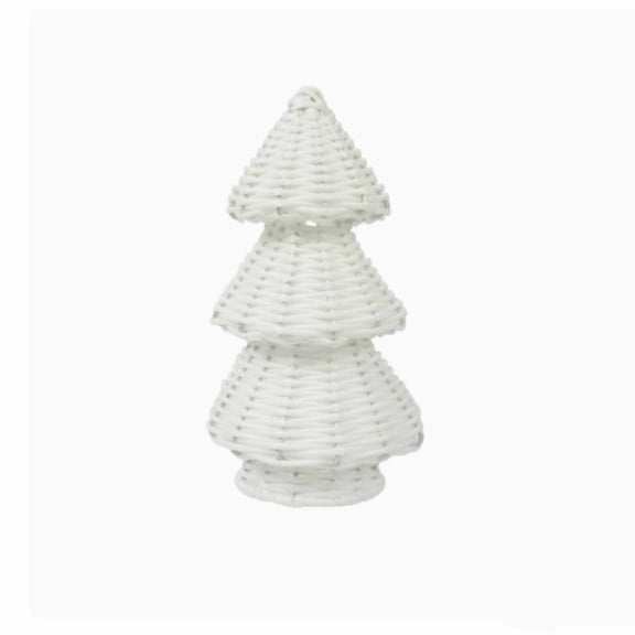 JHyouerji Hand-Woven Imitation Rattan Christmas Tree 10.6in White Faux Wicker Tabletop Ornament for Mantel Window Holiday Decor