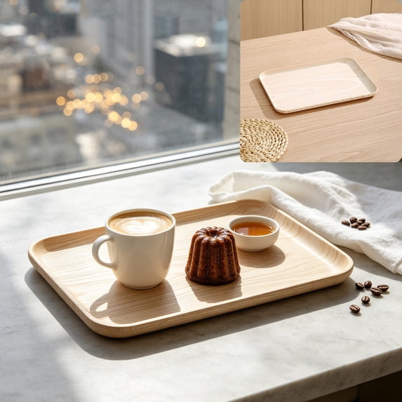 JHyouerji Imitation Wood Grain Plastic Serving Tray 12x9in Anti Slip Raised Feet Fruit Snack Storage Platter Stackable Kitchen Dinner Tray
