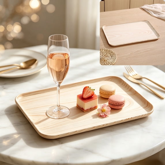 JHyouerji Imitation Wood Grain Plastic Serving Tray 17x12in Anti Slip Raised Feet Fruit Snack Storage Platter Stackable Kitchen Dinner Tray