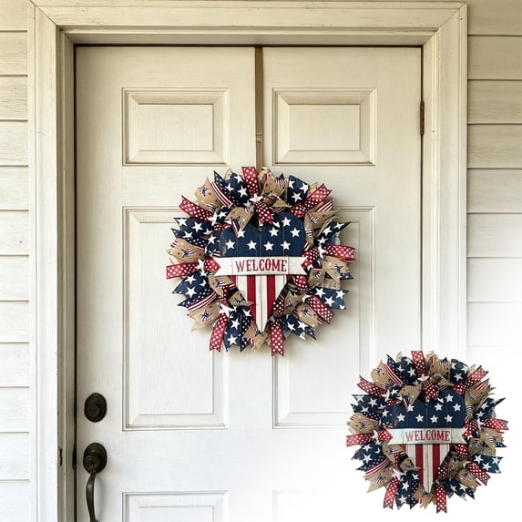 JHyouerji Patriotic Welcome Front Door Wreath 8 Inch Red White Blue Star Stripe Wired Ribbon Wreath with Flag Heart Sign Indoor Outdoor Decor for 4th of July Labor Day Party