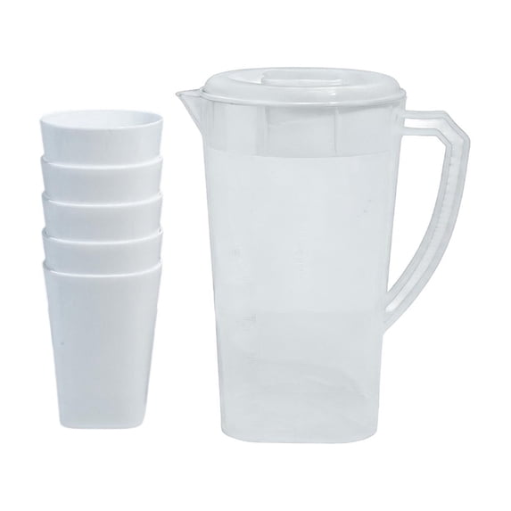 JHyouerji Plastic Drink Pitcher Set with Handle and Lid,Clear Large Capacity Water Jug with 5 Cups for Iced Coffee Fruit Tea Home Kitchen