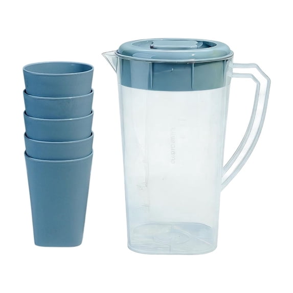 JHyouerji Plastic Drink Pitcher Set with Handle and Lid,Clear Large Capacity Water Jug with 5 Cups for Iced Coffee Fruit Tea Home Kitchen