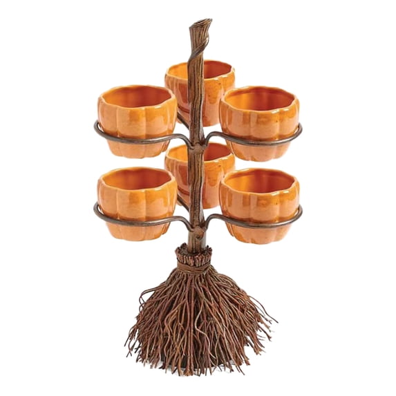 JHyouerji Pumpkin Snack Tray with Witch Broom Stand 9×7×6 Inch Non Slip Base Cupcake Dessert Candy Serving Plate Halloween Tabletop Party Decor