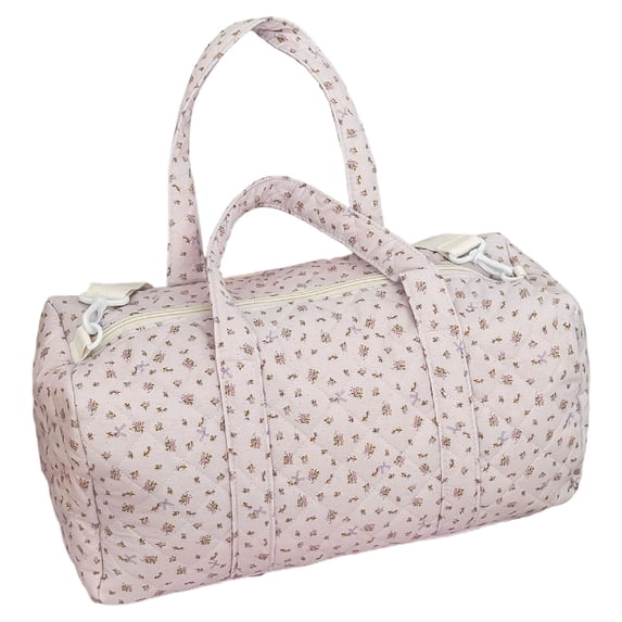 JHyouerji Quilted Travel Tote Bag,Pink Large Capacity Cotton Handbag with Detachable Shoulder Strap,Floral Quilt Wear Resistant Organizer for Trip Gym Outdoor Use