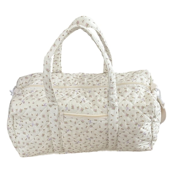 JHyouerji Quilted Travel Tote Bag,White Large Capacity Cotton Handbag with Detachable Shoulder Strap,Floral Quilt Wear Resistant Organizer for Trip Gym Outdoor Use