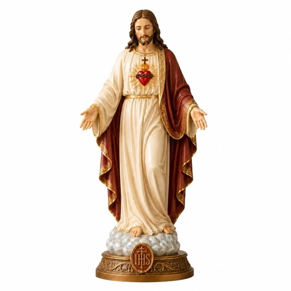 JHyouerji Sacred Heart Resin Religious Statue,Hand Painted Devotional Decor Sculpture 8 Inch Cloud Base Figurine for Home Shelf Baptism Confirmation Gift