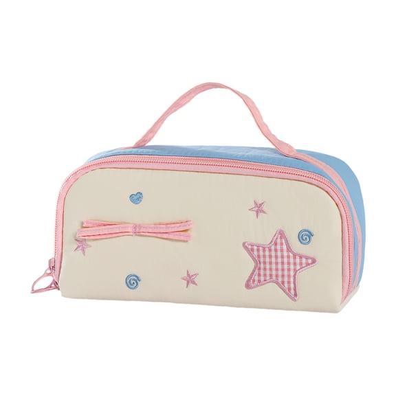 JHyouerji Stationery Bag Polyester Large Capacity Multi Layer Pink Embroidery Zipper Pouch Portable Multifunctional Storage Case for Makeup Daily Small Items Organizer