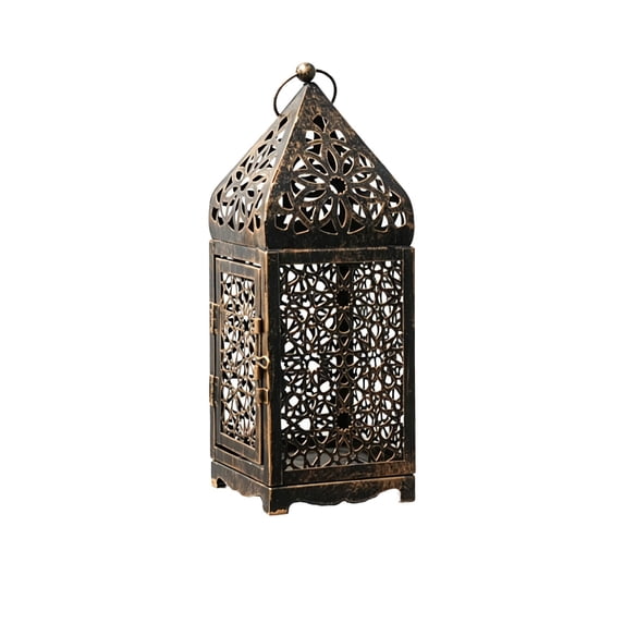 JHyouerji Vintage Metal Candle Lantern,Antique Finish Hanging Tabletop 10x4x4 Inch Weatherproof Lamp for Patio Wedding Living Room Decor