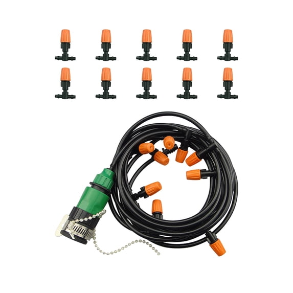 JHyouerji Water Saving Misting Drip Irrigation Set 32ft 1/4 Inch Distribution Hose 5 Adjustable Spray Nozzles DIY Plant Watering Kit for Yard Agriculture Cooling