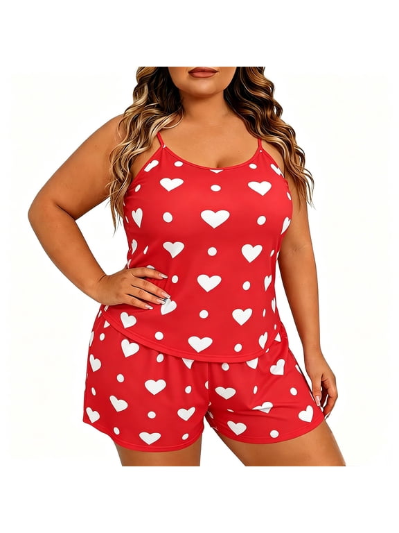2 PC Plus Size Pajama Sets for Women Lightheight Print Cami Tank Top and Loose Shorts Pj Set Sleeveless Loungewear Clothes