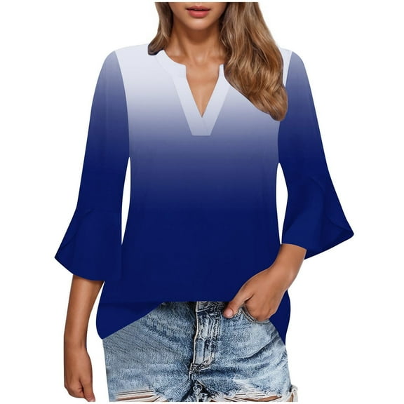 JIA JIA SHUANG 3/4 Length Sleeve Womens Tops V Neck Bell Sleeve Gradient Tunic Tee Loose Fashion Summer T-Shirts Thin Clothes
