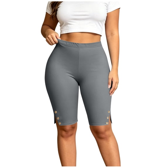 JIA JIA SHUANG Athletic Shorts for Women Plus Size Yoga Shorts Stretchy High Waisted Summer Workout Shorts for Running Open Bottoms Shorts with Buttons XL-5XL