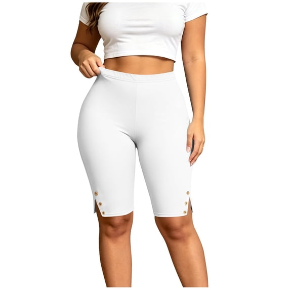 JIA JIA SHUANG Athletic Shorts for Women Plus Size Yoga Shorts Stretchy High Waisted Summer Workout Shorts for Running Open Bottoms Shorts with Buttons XL-5XL