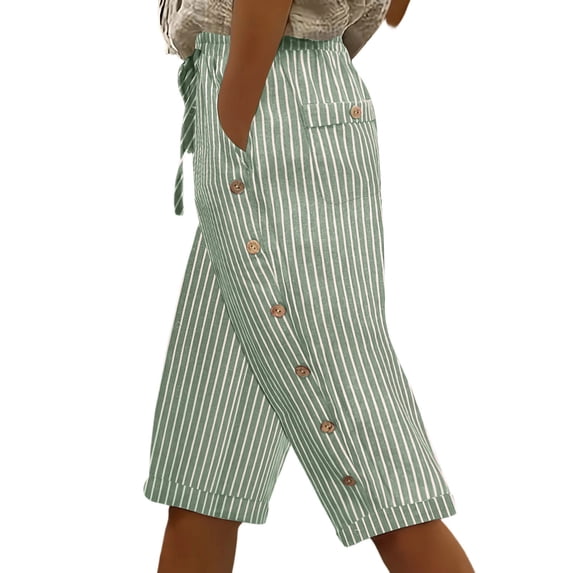 JIA JIA SHUANG Capri Pants for Women High Waist Drawstring Capris with Pockets Trendy Striped Cotton Linen Cropped Pants for Daily Wear