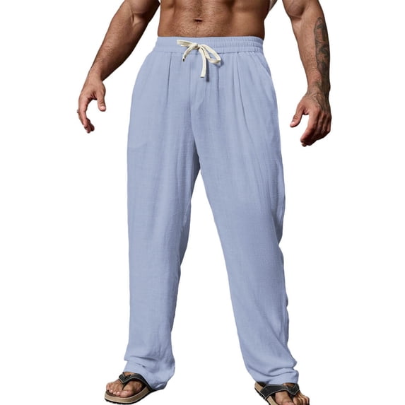 JIA JIA SHUANG Casual Pants for Men Summer Beach Loose Fit Elastic Waist Pants Lightweight Straight Leg Trousers with Pockets