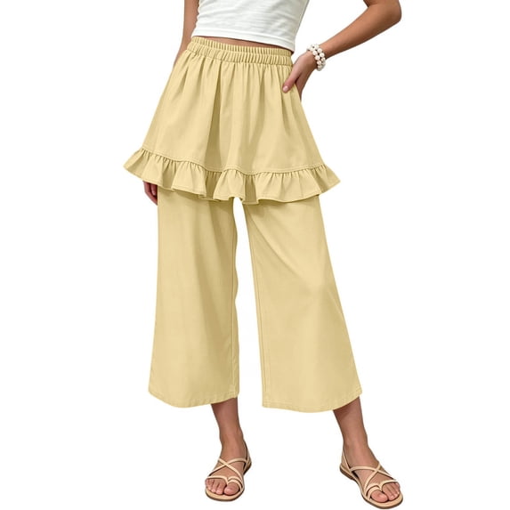 JIA JIA SHUANG Girls Wide Leg Pants Casual Loose Fit Ruffled Cropped Trousers Beach Vacation Pants for Trendy Wear(Yellow,1-2 Years)