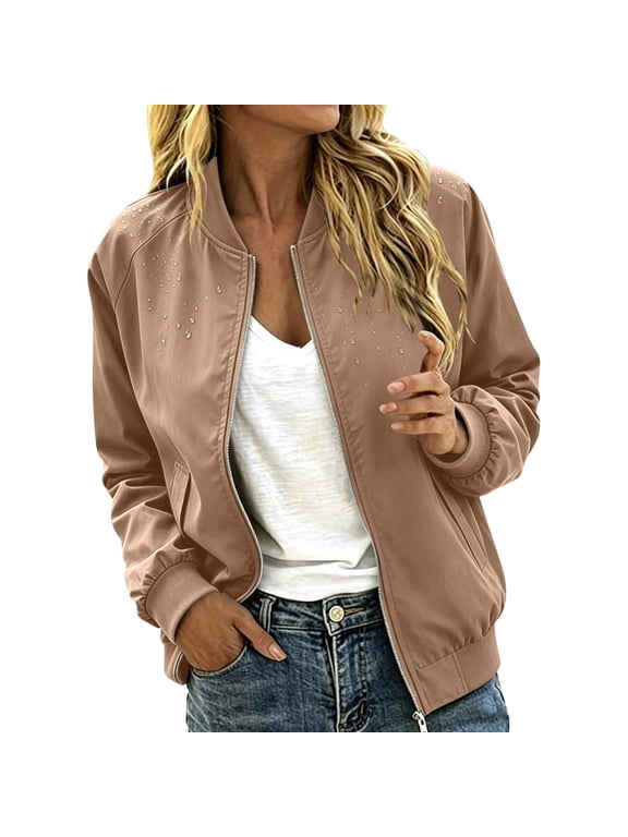 Jackets for Women Lightweight Airport Traveling Coat Full Zip Loose Fit Waterproof Outerwear(Khaki,Medium)