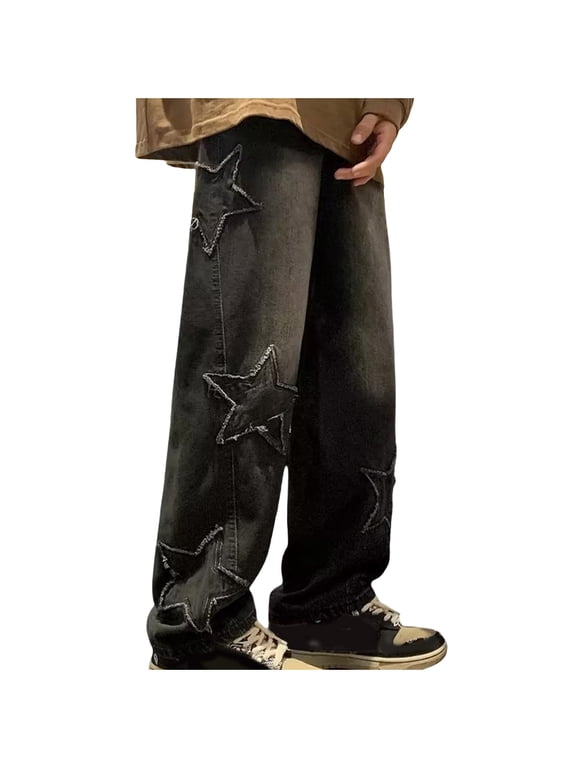 Jeans for Men Vintage Star Patchwork Straight Leg Denim Pants Loose Baggy Pants with Pockets Streetwear