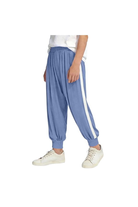 Jogger Pants for Kids Teen Side Striped Sweat Pants Boy Girl Lightweight Breathable Loose Fit Ruched Trousers(Blue,9-10 Years)