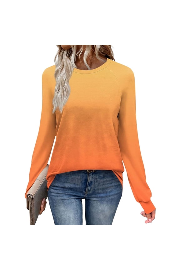 Long Sleeve Shirts for Women Trendy Gradient Round Neck Tops Thin Comfortable Tunic Tee Loose Fit Summer Clothes