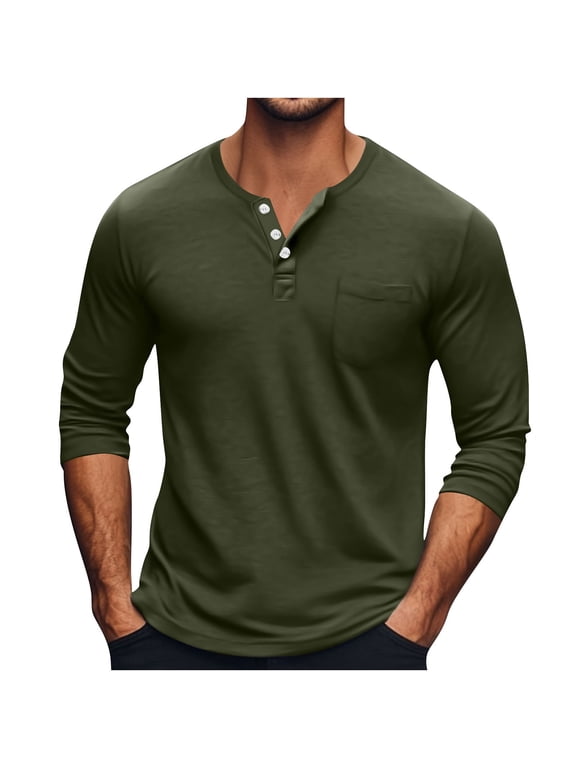 Men's Big and Tall Henley Shirts Long Sleeve Front Pocket Tee Shirts 3 Buttons Casual Loose Fit Fall Tops XL-5XL
