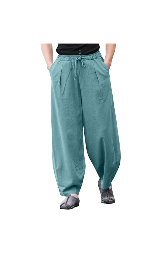 Men's Cotton Linen Pants Casual Elastic Waist Drawstring Harem Pants Loose Fit Beach Yoga Trousers with Pockets