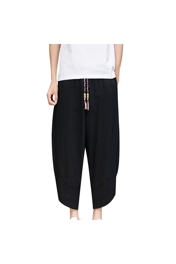Men's Linen Harem Pants Casual Drawstring Cropped Trousers Lightweight Loose Beach Yoga Pants with Pockets