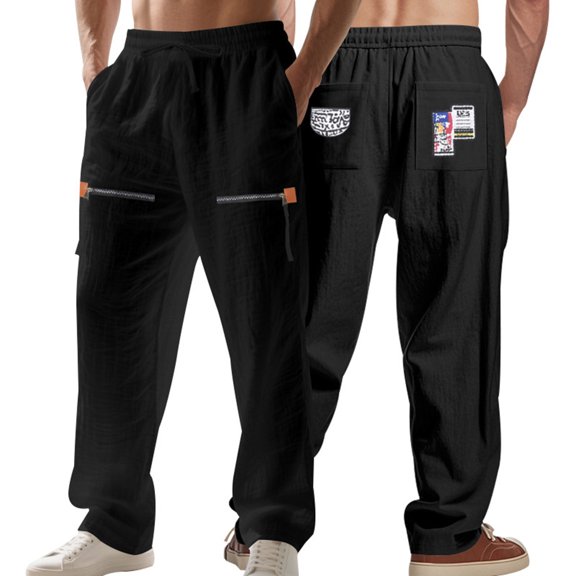 JIA JIA SHUANG Men's Linen Pants Lightweight Elastic Waist Straight Leg Trousers Summer Comfort Breathable Beach Yoga Pants with Pockets