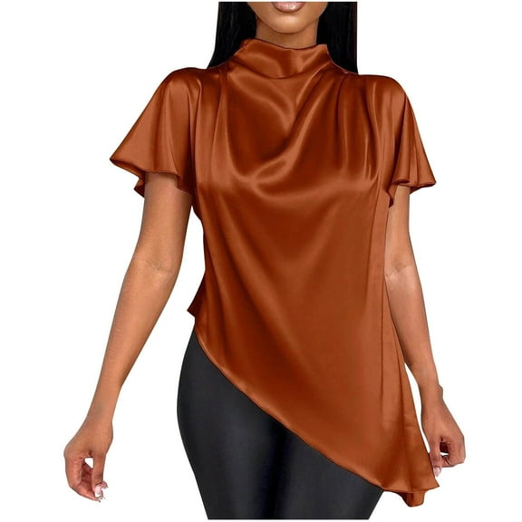 JIA JIA SHUANG Silk Satin Tops for Women Soft Comfort Short Sleeve Asymmetrical Hem T-Shirts Summer Fashion Clothes Thin Tee Shirts