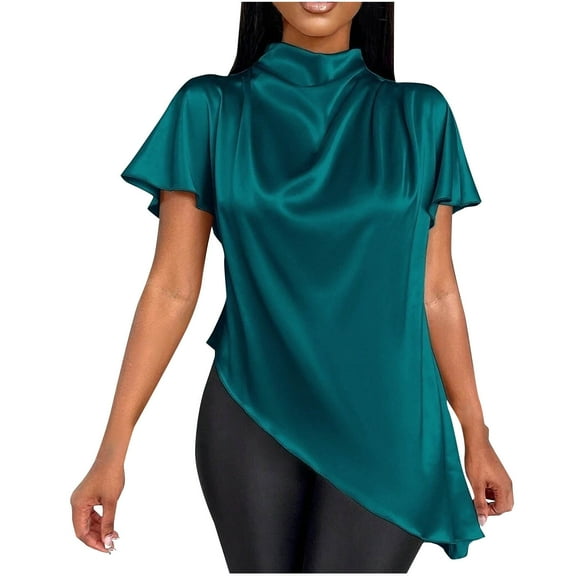 JIA JIA SHUANG Silk Satin Tops for Women Soft Comfort Short Sleeve Asymmetrical Hem T-Shirts Summer Fashion Clothes Thin Tee Shirts